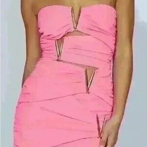 Meshki Pink Strapless Ruched Bodycon Dress